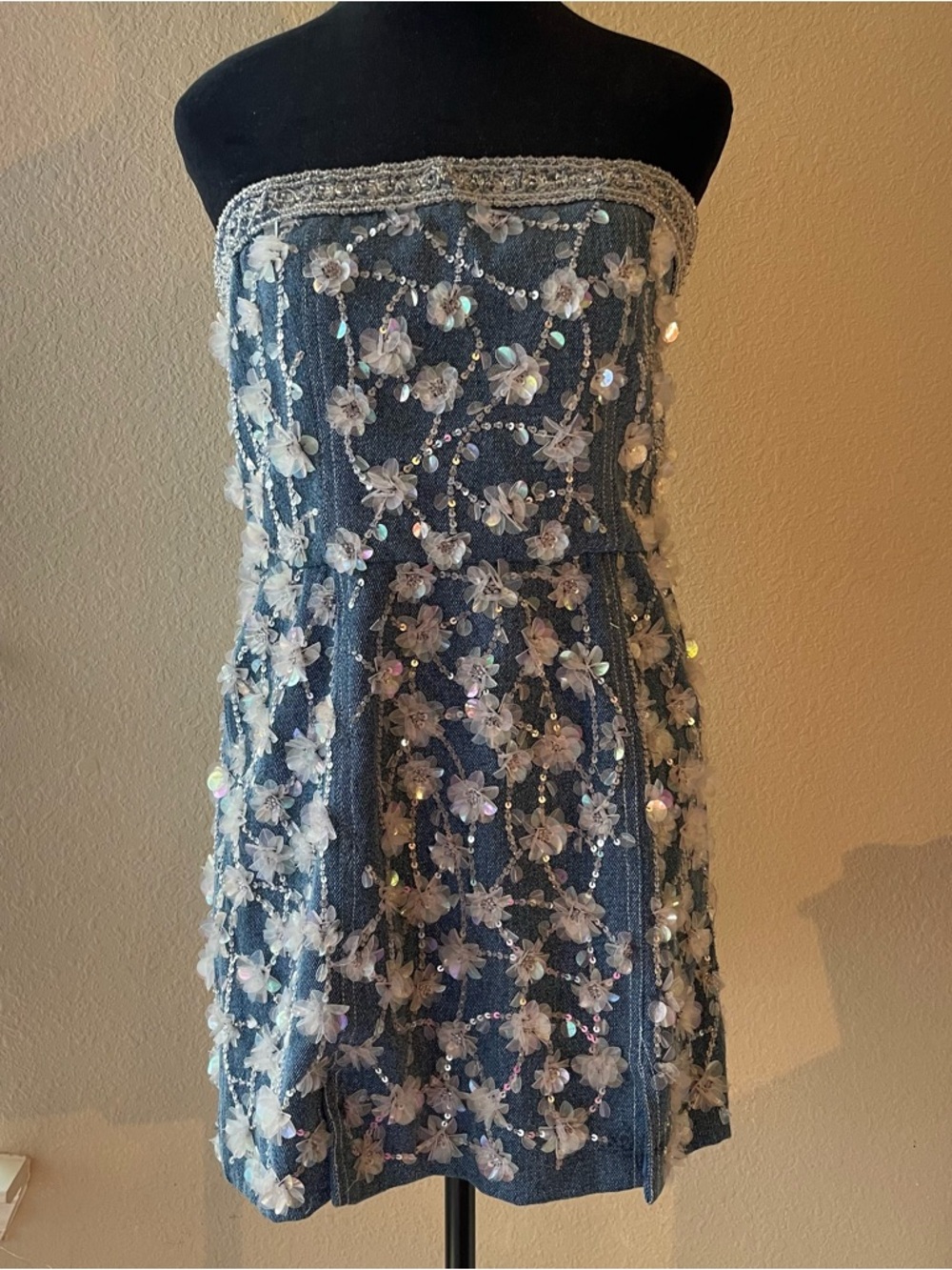 Retrofete Denim Floral Sequin Mini Dress